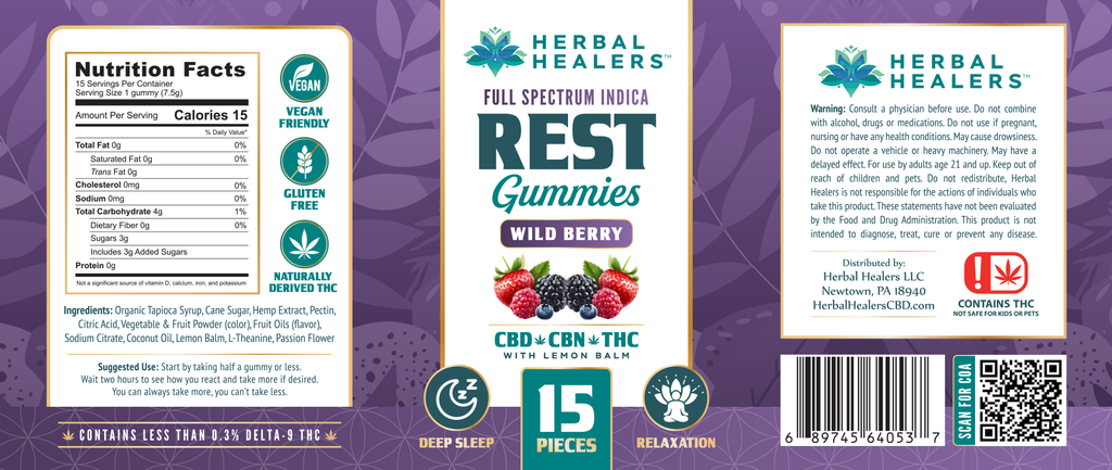 Rest - Wild Berry Nighttime Gummies - CBD + CBN + THC - 15 Count - Indica