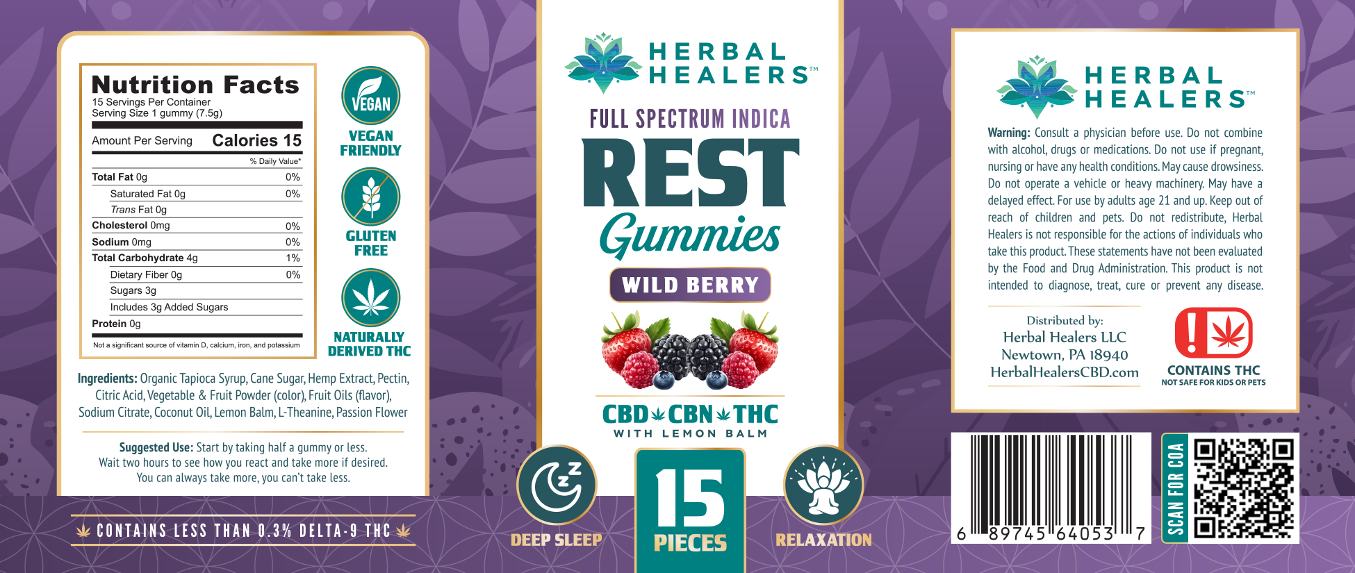 Rest - Wild Berry Nighttime Gummies - CBD + CBN + THC - 15 Count - Indica