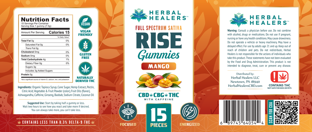 Rise - Mango Daytime Gummies - CBD + CBG + THC - 15 Count - Sativa