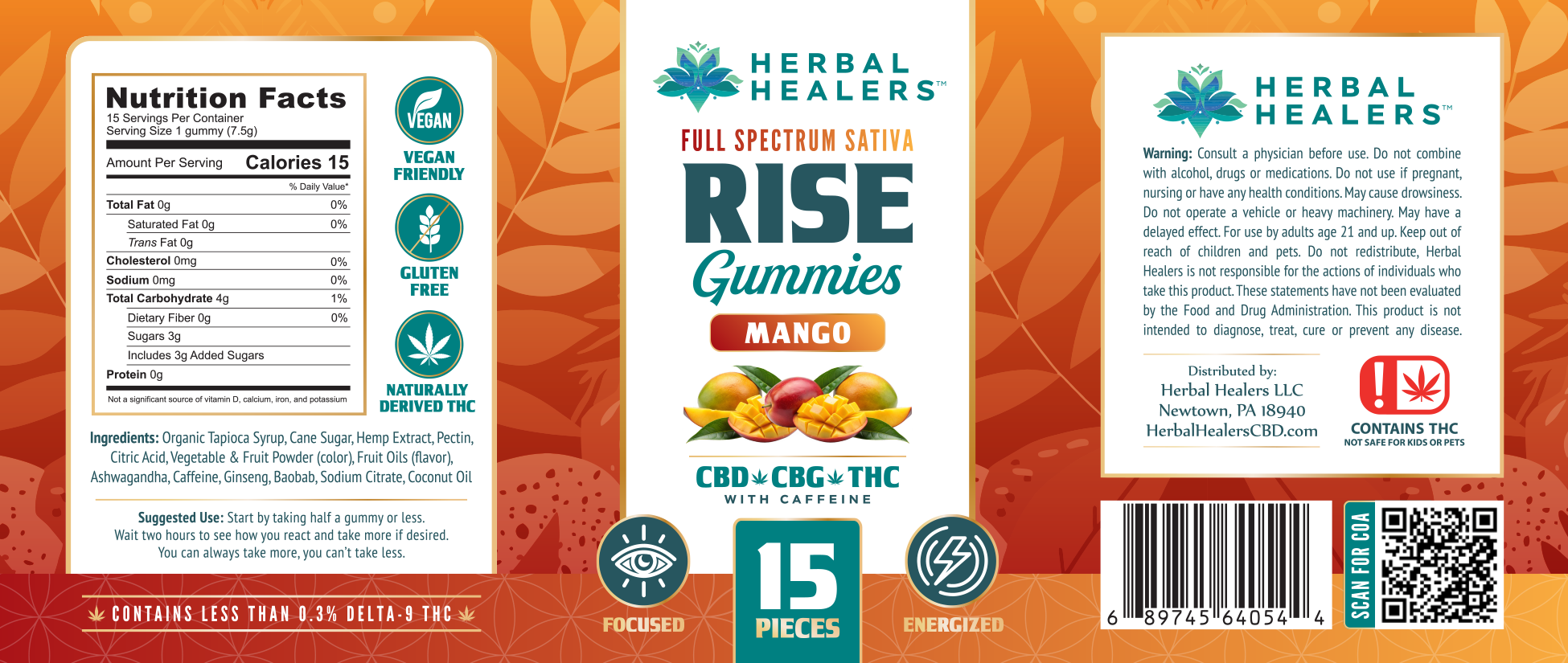 Rise - Mango Daytime Gummies - CBD + CBG + THC - 15 Count - Sativa